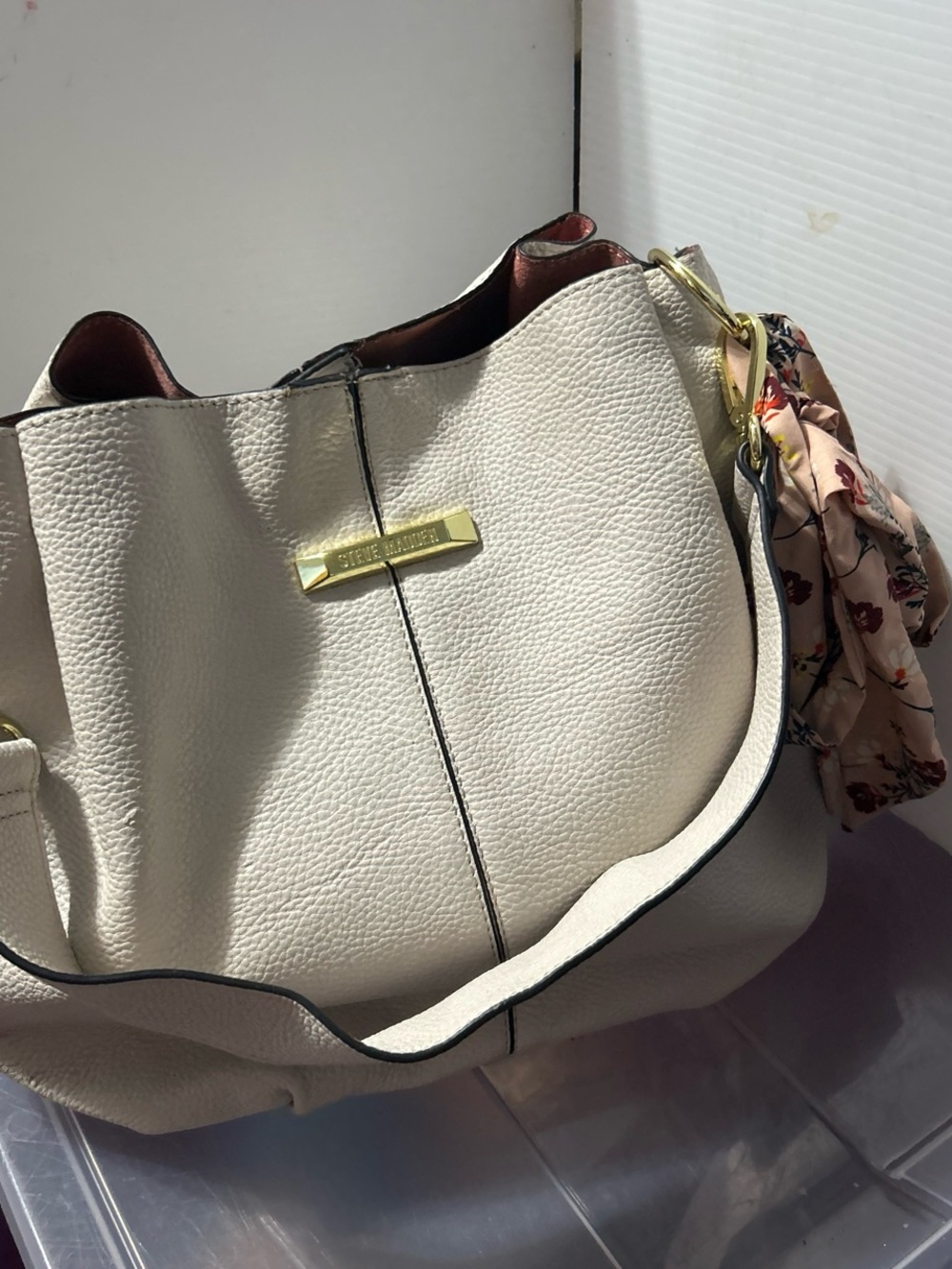 Steve Madden Cream Hobo Bag with Gold Plaque